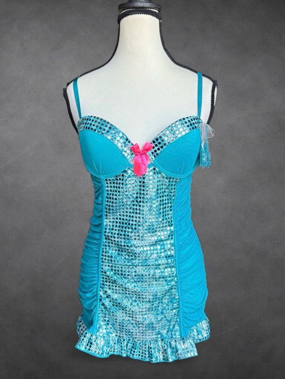 Passion Forever Turquoise Sequin Lingerie Slip Dress - Size L